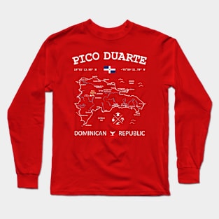 Dominican Republic Flag Travel Map Pico Duarte Coordinates Roads Rivers and Oceans White Long Sleeve T-Shirt